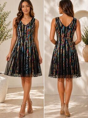 Chase 7 fit & flare silhouette dress with a black mesh overlay Size 10